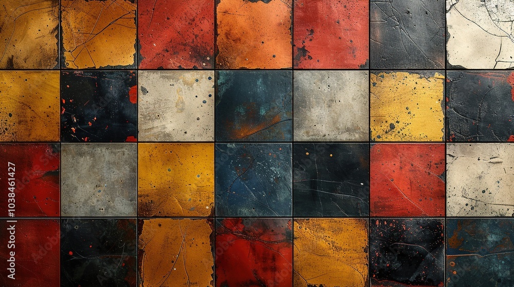 Poster a textured wall of colorful tiles in a grid pattern, showcasing various hues and finishes.