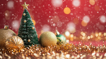 A cozy Christmas Day setting with a decorated tree and colorful ornaments on a festive background