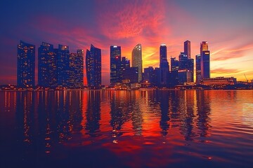 Fototapeta premium The city skyline at sunset in the business district of Marina. Generative Ai