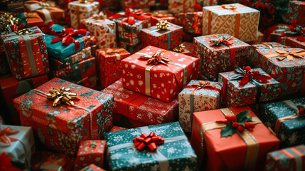 Fototapeta premium A vibrant collection of colorful Christmas gifts piled together on Christmas Day