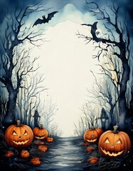 watercolor spooky Halloween background with empty copy space in the middle