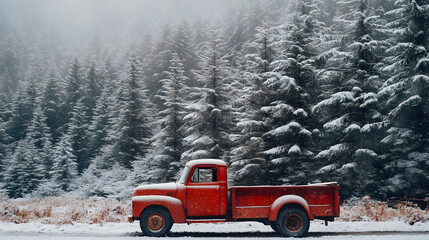 A classic red Christmas truck, with snow-covered trees as the background, during a frosty morning