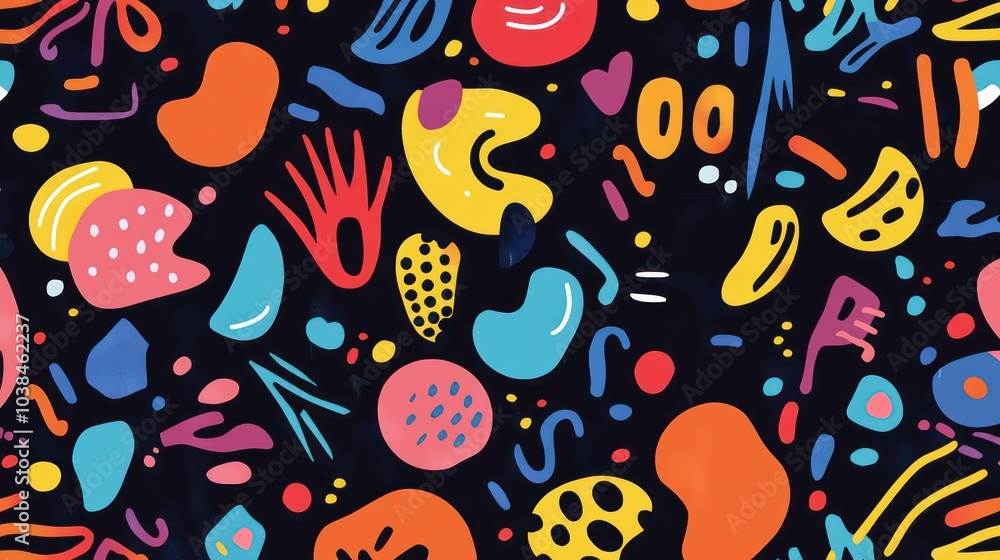 Poster a colorful abstract seamless pattern with various shapes and lines on a black background.