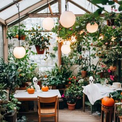 A Halloween party in a haunted greenhouse glowing pumpkins lighting the way