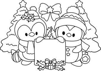 Christmas Cute penguin and cute snowman hand drawn coloring white illustration elements winter greeting card