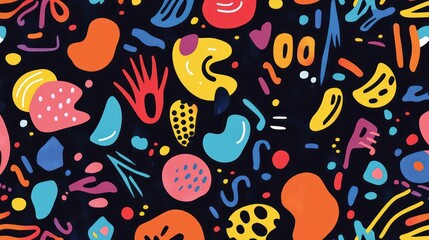 A colorful abstract seamless pattern with various shapes and lines on a black background.