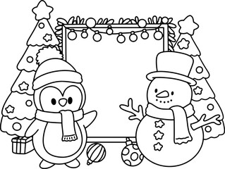 Christmas Cute penguin and cute snowman hand drawn coloring white illustration elements winter greeting card