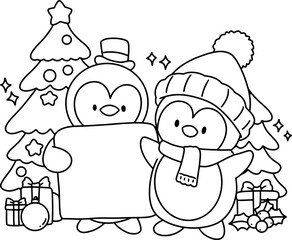 Christmas Cute penguin and cute snowman hand drawn coloring white illustration elements winter greeting card