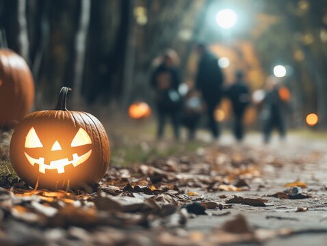 A Halloween party in a spooky forest glowing pumpkins lining the paths