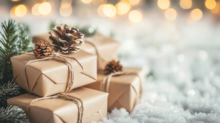Beautifully wrapped Christmas gifts adorned with pinecones and decorations on a snowy surface