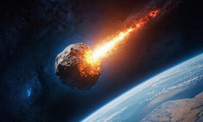 An enormous asteroid hurtles through space, igniting with flames as it approaches Earth, vividly illustrating the dramatic forces of nature in the cosmos
