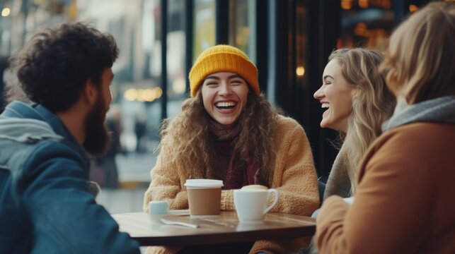 Friends Enjoying Coffee and Conversation at a Cafe