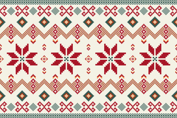Pixel seamless pattern of a traditional Scandinavian Christmas pattern featuring red snowflakes on a white background.