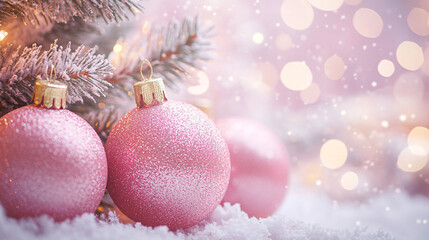 Obraz premium Delicate pink ornaments adorn a sparkling Christmas tree on a snowy Christmas Day morning