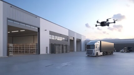 Innovative logistics technology concept, drones, autonomous trucks, and smart warehouses