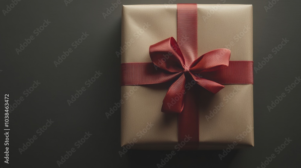Poster a large gift box adorned with neutral wrapping paper and a bright red ribbon is resting on a dark ba