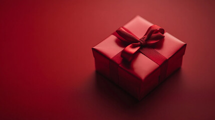 Fototapeta premium A beautifully wrapped red gift box with a bow on Christmas Day against a festive background