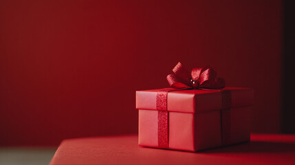 A beautifully wrapped red gift with a bow on Christmas Day on a festive table