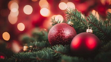 Obraz premium Decorative red ornaments on a Christmas tree with festive bokeh lights during the holiday season