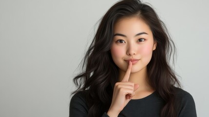 Naklejka premium Portrait of a Woman with Finger on Lips, Silent Gesture, Asian Model
