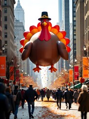 Giant Thanksgiving turkey balloon floats above crowds during annual parade in a bustling urban setting. Generative AI