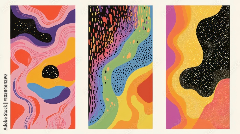Poster set of three abstract colourful backgrounds with wavy lines and dots.