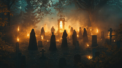 A group of witches performing a secret midnight ritual in a fog-covered cemetery, surrounded by tombstones and glowing candles, as ethereal spirits rise from the ground in response to their magic 