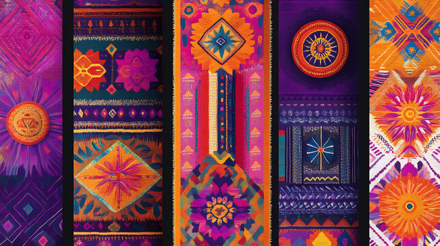 Vibrant Lenca patterns showcase intricate designs in bold colors, featuring geometric shapes and floral motifs that evoke cultural richness and artistic expression