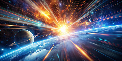 Obraz premium A spectacular cosmic explosion radiates vibrant light and energy, casting brilliant colors across the universe, surrounding distant planets and stars