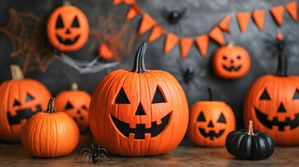 A festive display of Halloween pumpkins, featuring various sizes and playful expressions, surrounded by decorative elements like banners and spider webs.