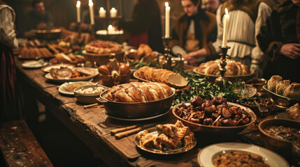 A grand feast table featuring historical national dishes like roasted meats, pies, and stews, served in a medieval banquet hall.