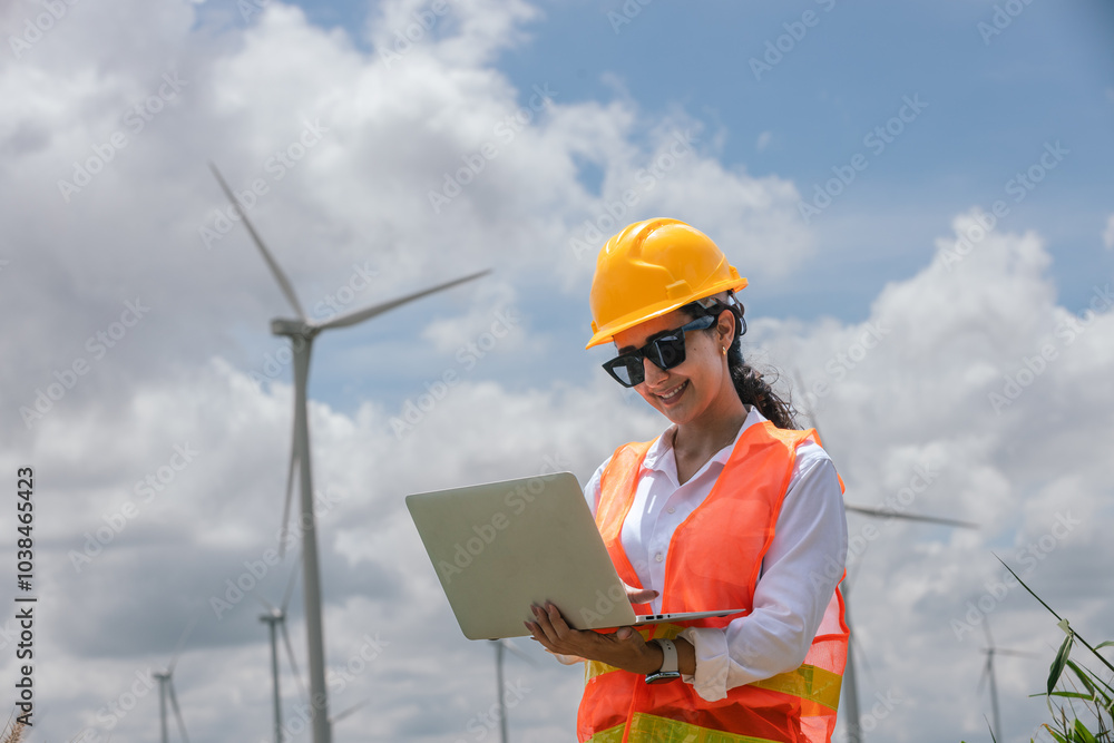 Poster renewable energy systems concept, engineer female using laptop working wind turbine for alternative 