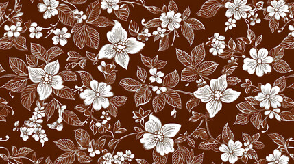 Floral pattern featuring white flowers and leaves on brown background, creating harmonious and elegant design. This seamless illustration is perfect for various decorative applications
