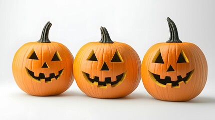 Three smiling Halloween pumpkins with carved faces displayed against a neutral background, symbolizing festive autumn spirit.