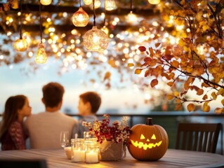A rustic outdoor Halloween party family gathered around pumpkins