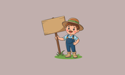 Cute farmer holding a wooden signboard in a field.