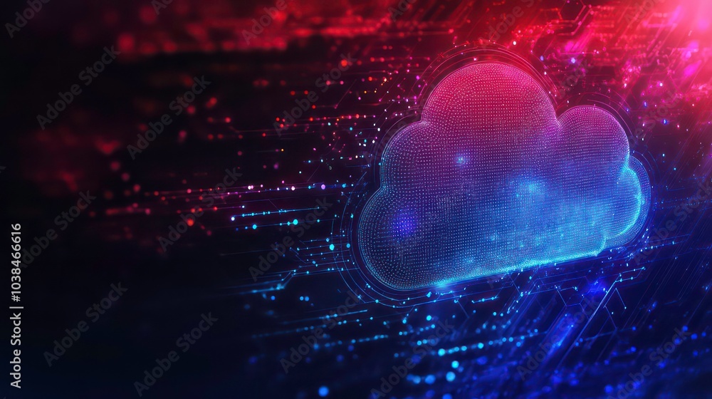 Poster a glowing cloud computing icon hovers over a circuit board, representing digital storage and data tr