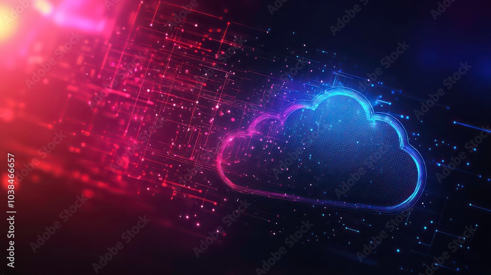 Poster a glowing blue cloud icon on a dark background with red and blue light streaks, representing cloud c