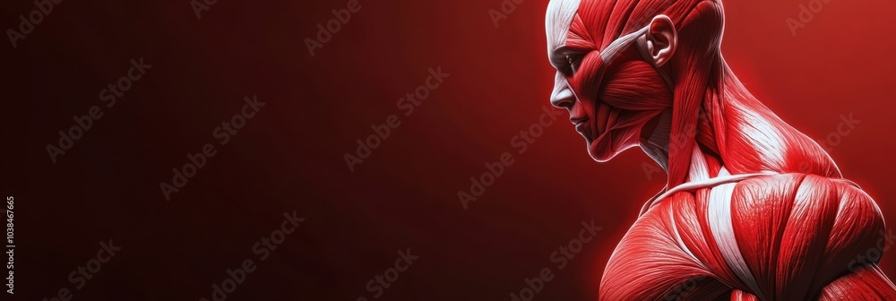 Aufkleber A striking close-up reveals intricate details of a red and white muscle model highlighted against a dark background. Generative AI