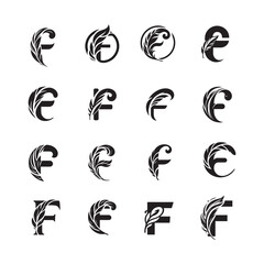 set of F logo, with feather shape, stylish letter F logo 