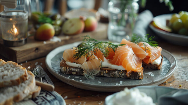 A minimalist Scandinavian table setting with open-faced sandwiches topped with fresh fish, dill, and pickled vegetables.