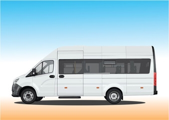 146-04-White minibus standing on the road against a blue sky with clouds, public transport, passenger transportation, comfortable and safe travel