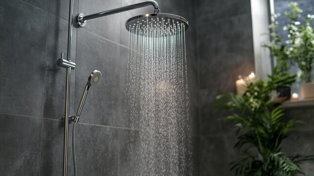 A modern shower head with cascading water, surrounded by elegant tile and greenery, creating a serene bathroom atmosphere.