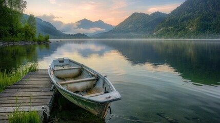 Fototapeta premium Tranquil Morning on the Lake with a Boat