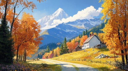 Beautiful natural scenery in autumn in illustration style