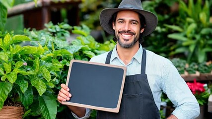 Happy gardener holding blank chalkboard sign with space for your message or advertisement in a lush plant nursery. Smiling farmer showcasing blank board in a garden shop for custom message.