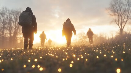 Children dressed as ghosts and ghouls playing hide-and-seek among glowing pumpkins soft mist floating in the air