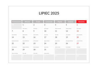 Kalendarium 2025 pl / imieniny / święta