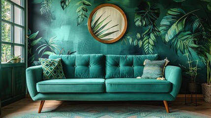 A vibrant living room featuring a teal sofa against a leafy mural backdrop.