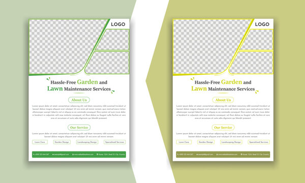 Flyer design template for lawn and gardening services. Design of a poster leaflet for gardening and tree services. Template for lawnmower flyers